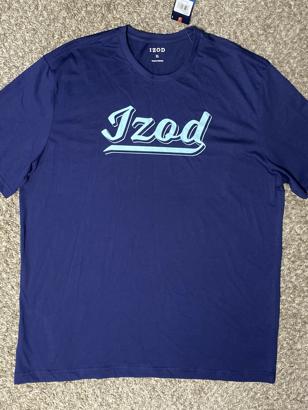 IZOD Men's Crewneck Short Sleeve Script Logo Graphic Navy Blue T-Shirt Size XL